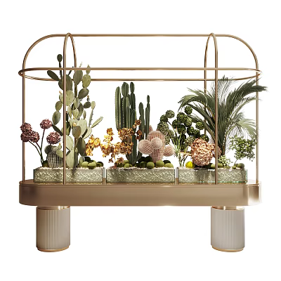 Garden Ornament Glass Terrarium With Golden Frame And Assorted Succulents Cacti Palm Leaves 3d model