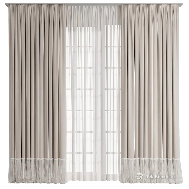 Beige Pleated Curtains With Sheer White Panels For Modern Home Window 3d model 