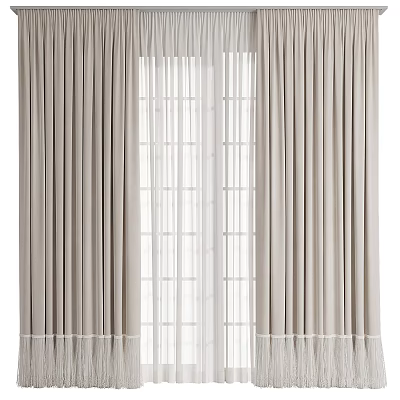 Beige Pleated Curtains With Sheer White Panels For Modern Home Window 3d model