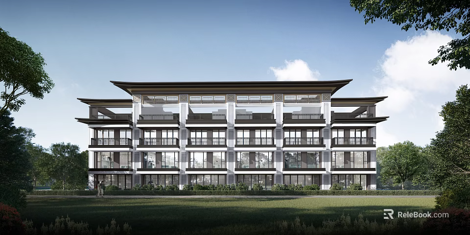 Modern Townhouse Exterior With Multi Story Design Large Windows Balconies And Green Lawn 3d model 