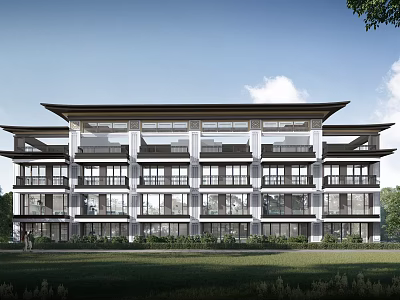 Modern Townhouse Exterior With Multi Story Design Large Windows Balconies And Green Lawn 3d model