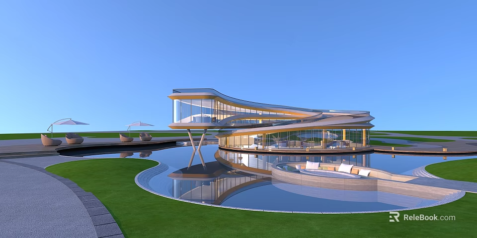 Modern Luxury Villa With Curved Glass Facade And Reflecting Pool 3d model 