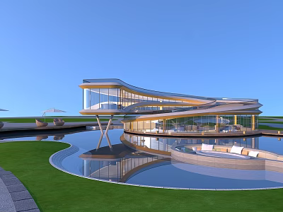 Modern Luxury Villa With Curved Glass Facade And Reflecting Pool 3d model