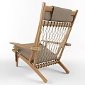 Natural Wooden Lounge Chair With Woven Backrest And Gray Cushion Design