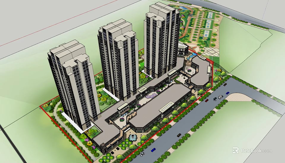 Modern High Rise Residential Commercial Complex With Green Spaces Roads And Parking 3d model 