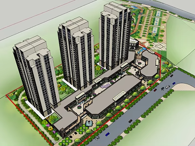 Modern High Rise Residential Commercial Complex With Green Spaces Roads And Parking 3d model