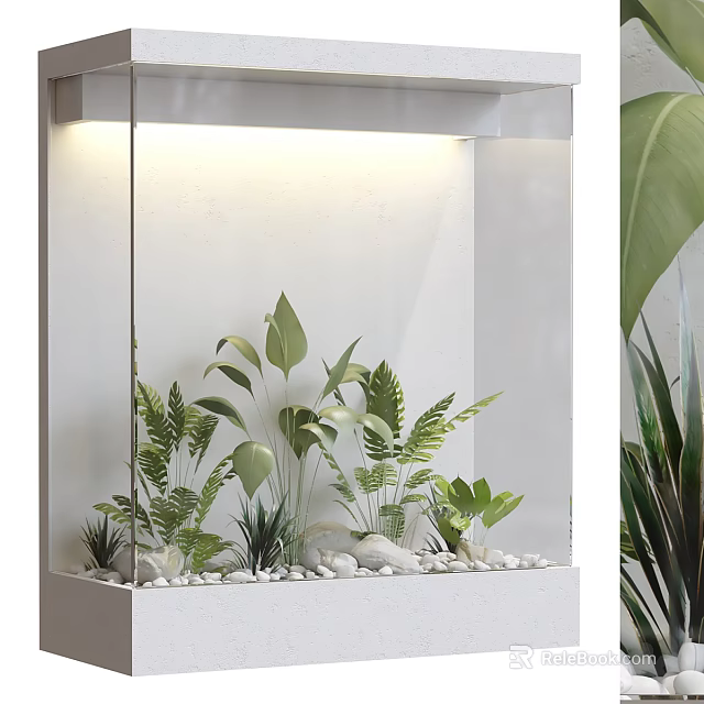 Indoor Glass Display Case With Green Plants And White Pebbles Decoration 3d model 
