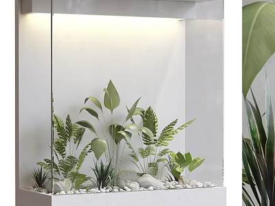 Indoor Glass Display Case With Green Plants And White Pebbles Decoration 3d model