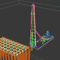 Offshore Drilling Platform With Tall Rig Red Pile Structures And Vessel On Water