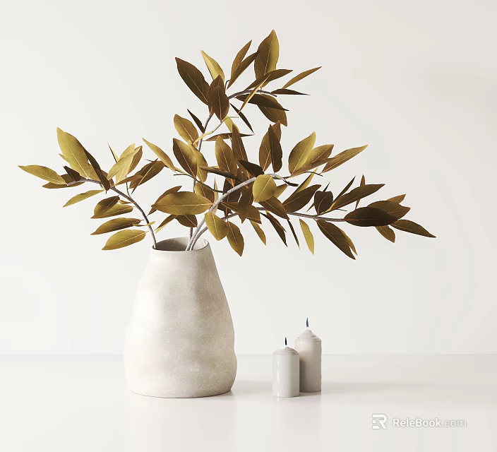 Decorative Ornament Set Featuring White Vase Green Brown Leaves Small White Candles And Blue Wicks 3d model 