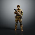 Military Soldier in Camouflage Uniform Holding Rifle Standing Against Gray Background