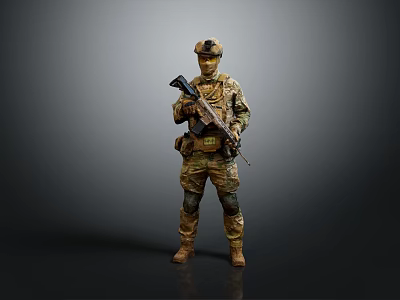 Military Soldier in Camouflage Uniform Holding Rifle Standing Against Gray Background 3d model