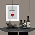 Wine Bottles And Glasses Arranged With Hanging Lamp And Red Sun Wall Art