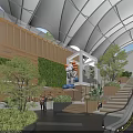 Modern Shopping Mall Lobby With Living Plant Wall Large Sculpture And Staircase