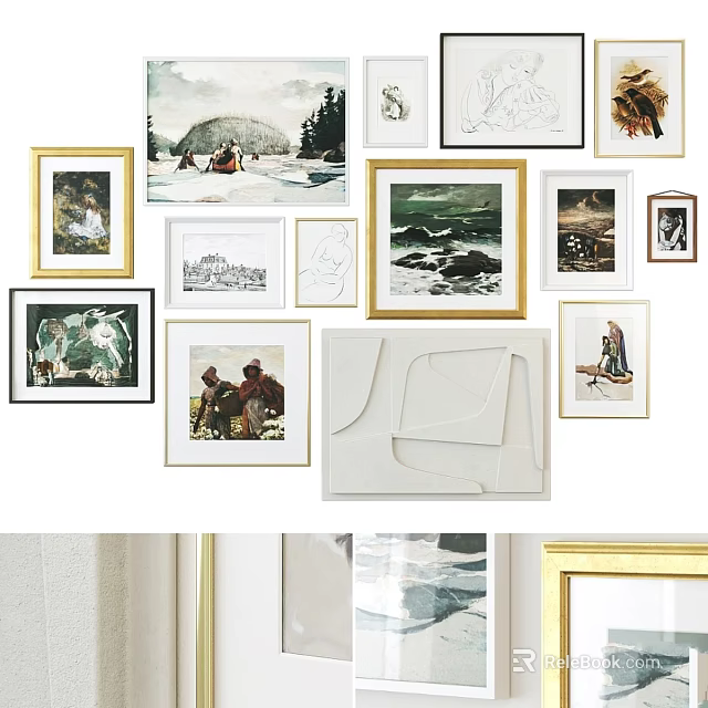 Various Style Frames With Artworks And Photos Hanging On White Wall 3d model 