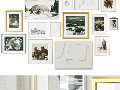 Various Style Frames With Artworks And Photos Hanging On White Wall 3d model
