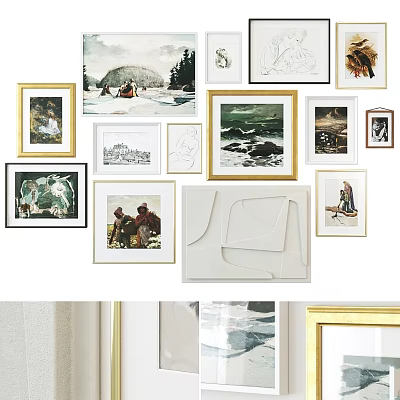 Various Style Frames With Artworks And Photos Hanging On White Wall 3d model
