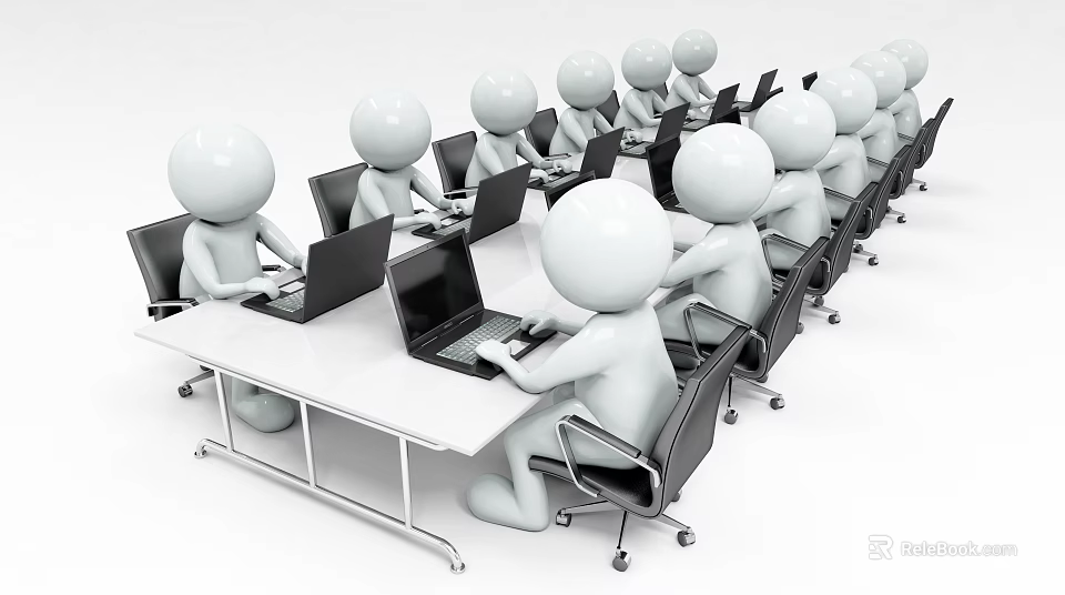 Conference Table with People Sitting Around Using Laptops for Team Meeting and Collaborative Work 3d model 