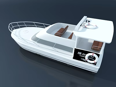 Wooden Boat With White Hull Brown Seats Railing Black Stern Section And Lifebuoy 3d model