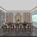 Elegant Store Front Desk With Long Table Chairs Decorative Shelves Large Screen And Window View