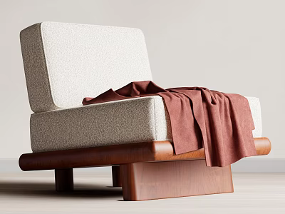 Modern Accent Chair with Light Gray Fabric and Burgundy Blanket on Wooden Frame Minimalist Style 3d model