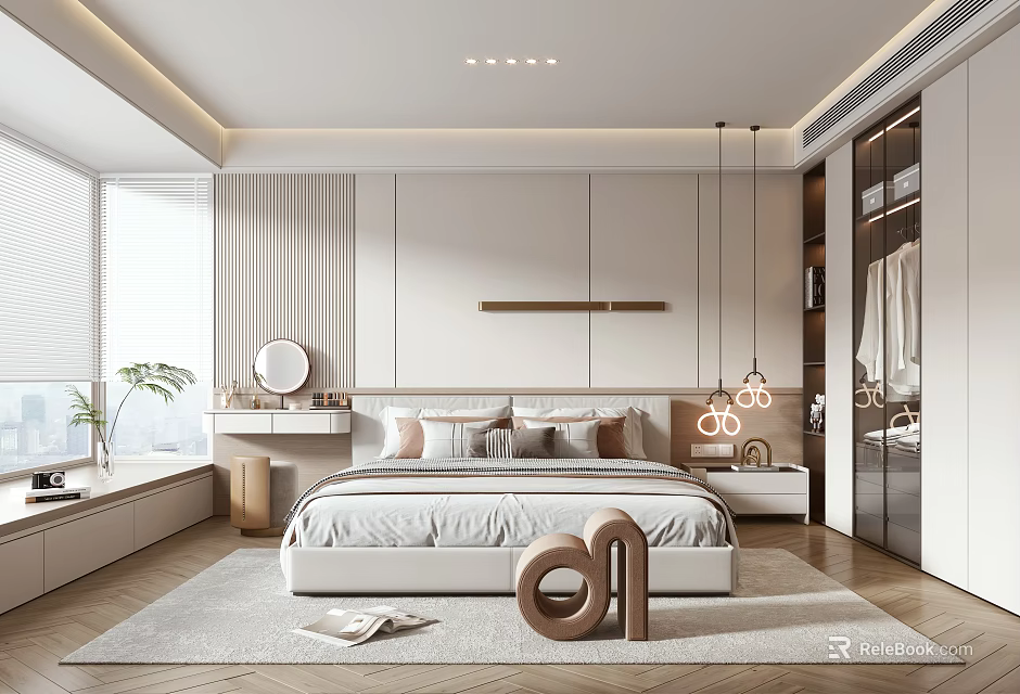 Modern Bedroom Interior Design with Large Windows Multiple Pillows and Area Rug 3d model