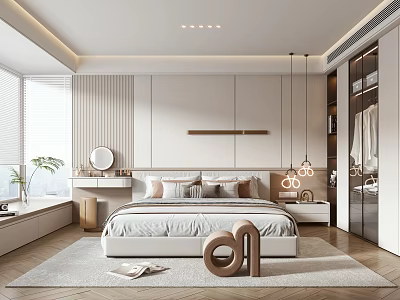 Modern Bedroom Interior Design with Large Windows Multiple Pillows and Area Rug 3d model