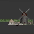 Detailed Model Scene Featuring Traditional Windmill Thatched Roof House Small Pond And Stone Path