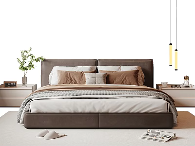 Cozy Double Bed with Dark Headboard Plush Pillows Green Plant and Yellow Pendant Lights 3d model