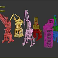 Different Colored Crane Equipment With Various Designs And Metal Structures