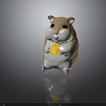Cute Brown And White Hamster Holding Yellow Food Piece On Gray Background