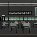 Modern Restaurant Interior With Dark Walls Green Chairs Pendant Lights And Dining Table