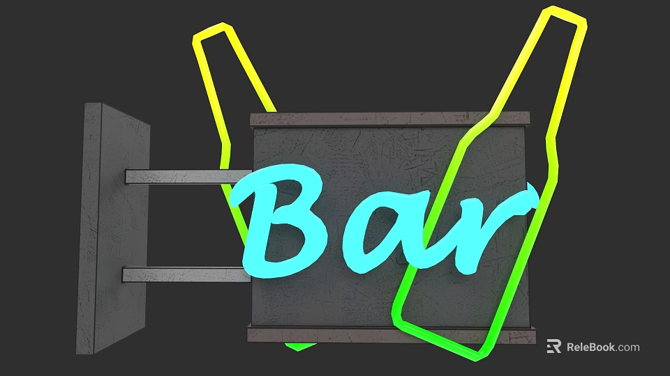Modern Bar Lightbox with Blue Neon Lettering Yellow Green Borders and Gray Board Background 3d model 
