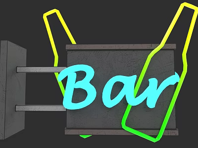 Modern Bar Lightbox with Blue Neon Lettering Yellow Green Borders and Gray Board Background 3d model