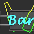 Modern Bar Lightbox with Blue Neon Lettering Yellow Green Borders and Gray Board Background