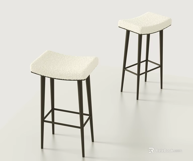 Set of Two Modern Bar Stools With Plush White Seat And Black Metal Legs 3d model 