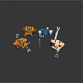 Four Animated Game And Movie Robot Characters With Orange And Blue Design In Different Poses