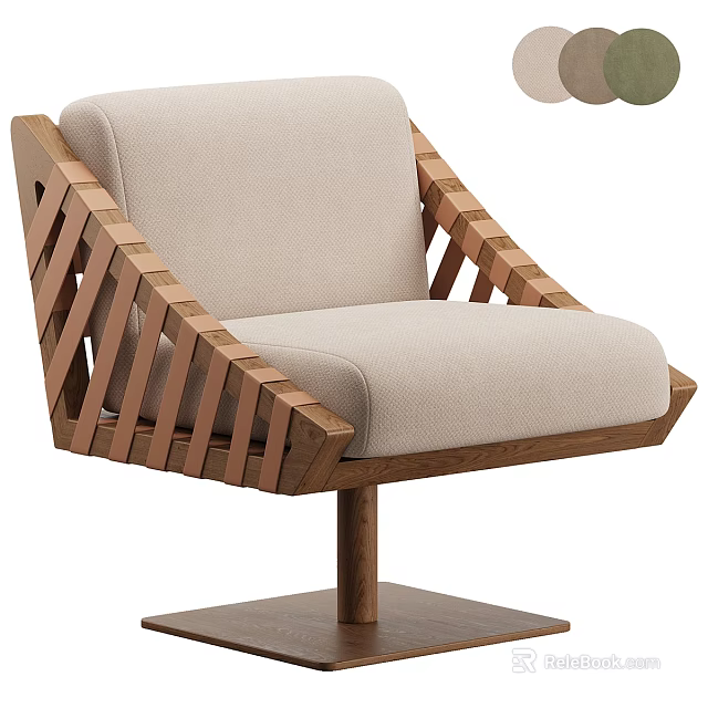 Modern Leisure Chair With Wooden Frame Crisscross Slat Design Beige Upholstered Cushion 3d model 