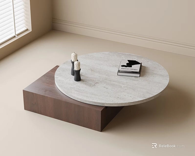 Elegant Round Marble Coffee Table With Wooden Base And Decorative Candles Books 3d model 