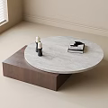 Elegant Round Marble Coffee Table With Wooden Base And Decorative Candles Books