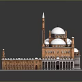 Traditional Islamic Tower Architecture with White Domes and Tall Red Brick Minarets