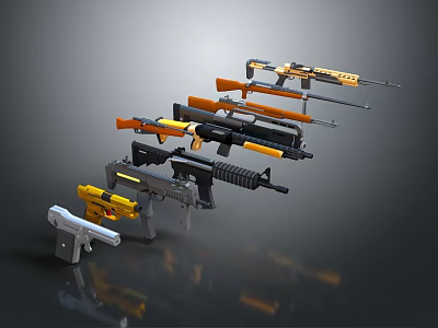 Array Of Modern Tactical Weapons Including Assault Rifles With Various Colors And Designs 3d model