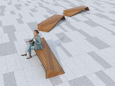 Modern Wooden Outdoor Bench With Geometric Design On Paved Tile Floor 3d model