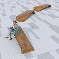 Modern Wooden Outdoor Bench With Geometric Design On Paved Tile Floor
