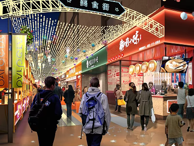 Bustling Commercial Street At Night With Decorative Lights Pedestrians And Colorful Storefronts 3d model
