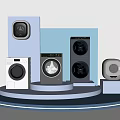Various Modern Washing Machines With Different Styles Displayed On Blue Platform Stand 3d model