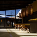 Shopping Mall Store Interior With Wooden Ceiling Large Windows Natural Light And Tables