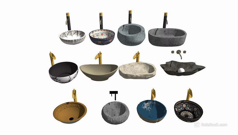 Diverse Modern Bathroom Sinks With Unique Shapes Patterned Surfaces And Gold Faucets 3d model 
