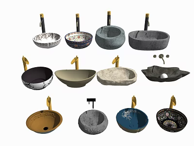 Diverse Modern Bathroom Sinks With Unique Shapes Patterned Surfaces And Gold Faucets 3d model