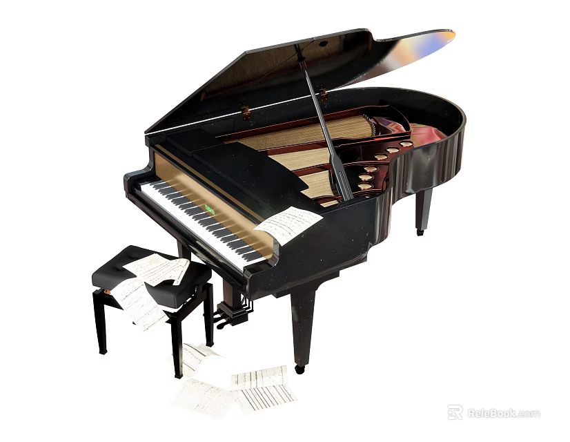 Elegant Black Grand Piano Musical Instrument With Stool And Sheet Music 3d model 